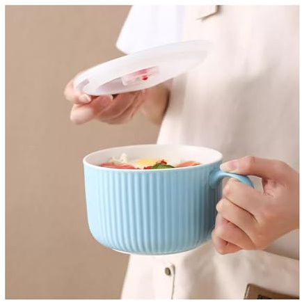 HANSULAN Jumbo Suppe Schüssel Mit Deckel Für Mikrowellenfest, 750ml Groß Suppentassen Mit Henkel Für Kaffee Getreide Haferflocken Instant Nudel Schüssel-Blau-750ml