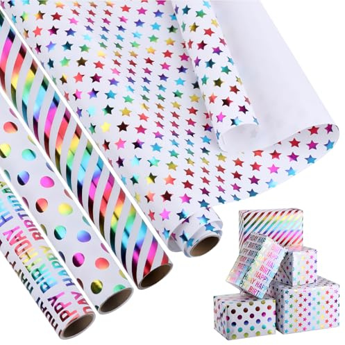 JIANTA Födelsedag omslagspapper rulle, 4 rullar 43 cm x 3 m regnbåge presentpapper färgglad folie födelsedagsdesign för fest, semester, babyshower