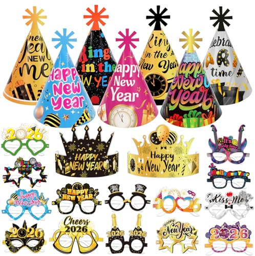 DPKOW 23Stk Mehrfarbig 2026 Silvester Papier Brillen Hüte, Neujahr Partybrillen Kegel Kronen Hüte für 2026 Silvester Foto Requisiten Accessoires, 2026 Neujahr Partyhüte Kopfbedeckung