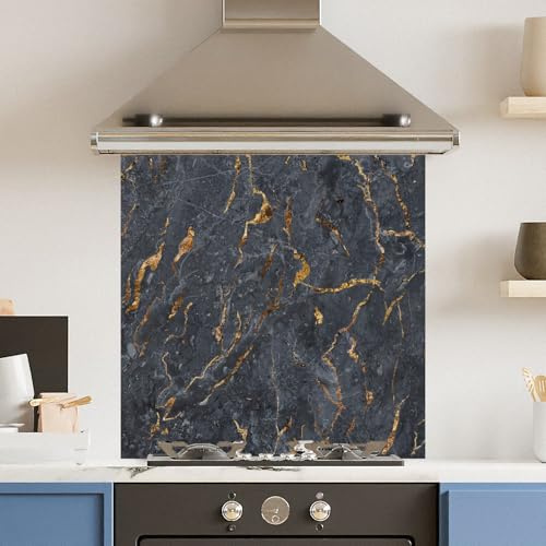 Toughened 6mm Glass Kitchen Splashback 60 x 60cm Black Marbled Surface Polished Heat Resistant Back Splash for Cookers Hob