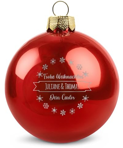 GRAVURZEILE Weihnachtskugel mit Gravur - Dein Wunschtext in 3 Zeilen - Personalisiert mit eigenem Text - Festliche Christbaumkugel für Paare als Weihnachtsdeko - Farbe: Rot Glänzend - Größe: 8 cm