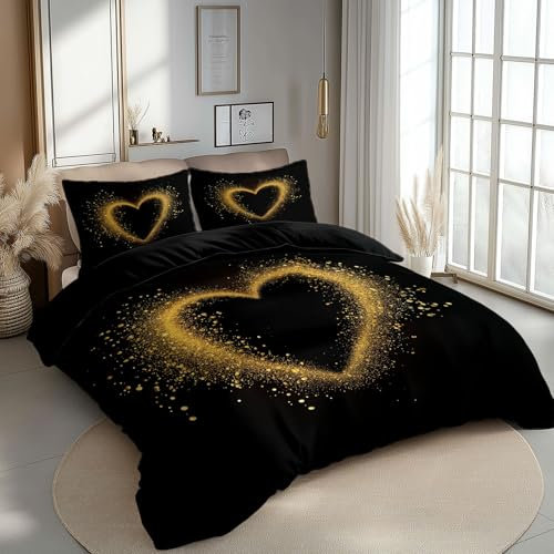 Set copripiumino con cerniera Semplice Particelle A Forma Di Cuore Set biancheria da letto con motivo stampato e 2 federe 50x75 cm, Nero Copripiumino morbido reversibile 150 x 200 cm