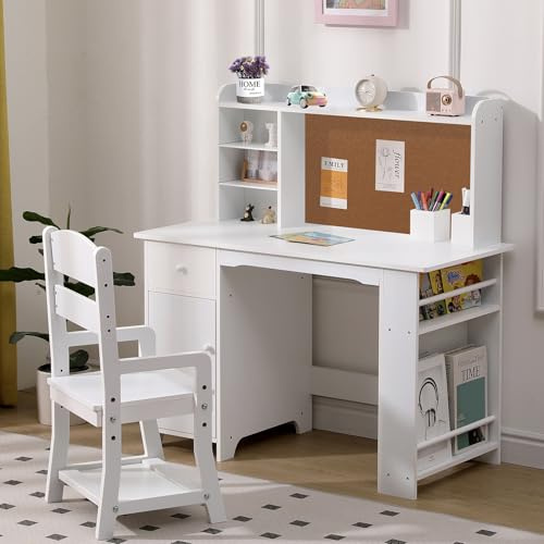 GarveeHome Kids Desk and Chair Set, Wooden Study Table with Storage Shelf, Bulletin Board, Children School Learning Desk Set, Writing Table for Boys and Girls, White