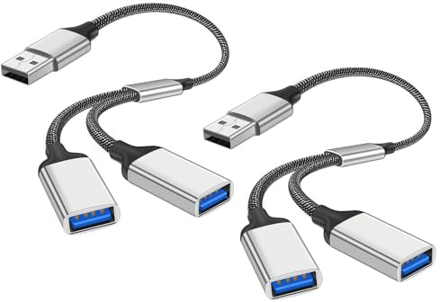 AXFEE USB y Divisor USB 2.0 Extensión Cable de Alimentación, 2 Piezas Cable Divisor, Divisor Adaptador Hembra a 2, Adaptador Dual 2.0, para Ordenador Impresora Teclado Ratón, Plata