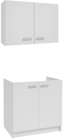 TRANS - PAL 2-Piece Kitchen Cabinet Set, Wall-Mounted and Sink Base, Modern White and Oak Design (white)