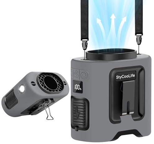 StyCooLife 14500mAh Portable Waist Fan Clip on, 67H Cooling, 5 Speeds Rechargeable Personal Belt Shirt Fan Wearable with Rotatable Clamps & Flashlight, Neck Fan for Outdoor Jobsite Camping Travel
