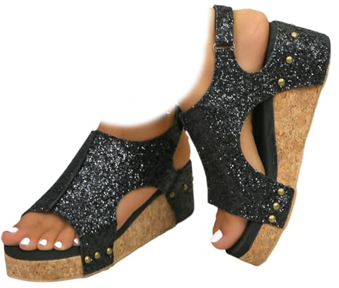 Whimsyard Sandalias ortopédicas con plataforma de cuero para mujer, sandalias con cuña de plataforma ancha, sandalias con cuña de verano con hebilla y punta abierta para mujer (Purpurina negra, 39)