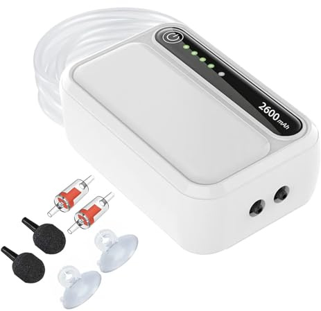 LNIDEAS Wiederaufladbare Aquarium Luftpumpe,2600mAh Batterie Sehr Leise Sauerstoffpumpe,Multifunktionale Aquariumpumpe mit komplett Zubehör für Angeln im Freien/Aquarium/Stromausfall (Doppel Auslass)