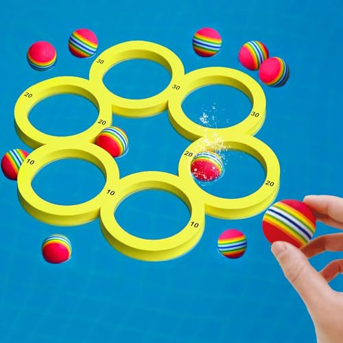 Flanliy Wasserspielzeug Kinder, Schwimmende Wurfspiele Pool Spielzeug, Pool Spiele Schwimmende Tablett mit 12 Regenbogenbällen, Wasser Spielzeug Wurfspiele für Erwachsene und Kinder (Hexagon)