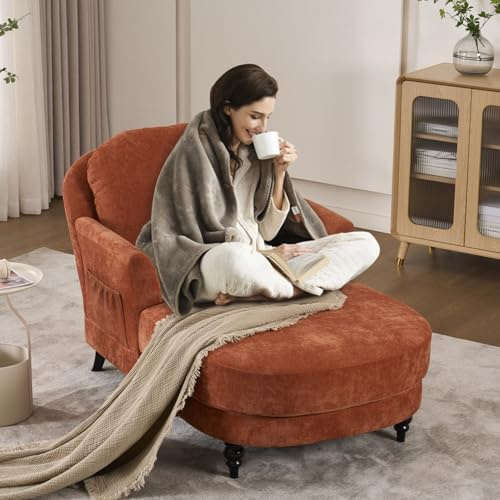 Chaise Lounge Chair Indoor, 59.8Oversized Couch Reading Chairs, Chenille Comfortable Deep Sleeping Single Sofa, Upholstered Modern Couch Sofa Bed for Living Room, Bedroom & Apartment (Orange)
