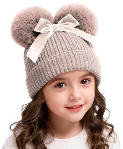 duxyoz Baby Girl Winter Hats - Thick,Warm,Soft,Knitted,Stretchy,Double Bobble,Bow,Pom Pom Beanies Cap for Kids Toddler 6-36 Months