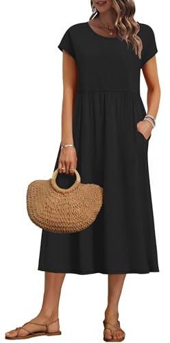 AUSELILY Vestito Estivo da Donna a Maniche Corte Abiti Casual Larghi Abito Midi con Scollo a Girocollo e Tasche