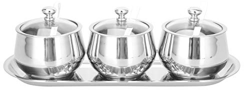 3-pack 304 kryddkrukor i rostfritt stål med lock av härdat glas Skedar och brickbehållare för kökssaltsockerorganisatör