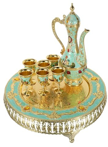 OUNONA Service à Café Turc Vintage en Métal avec Pichet et Plateau Décor Château en Relief Ensemble 3 Pièces Bleu Turquoise pour Cérémonies Fêtes et Dégustations Raffinées