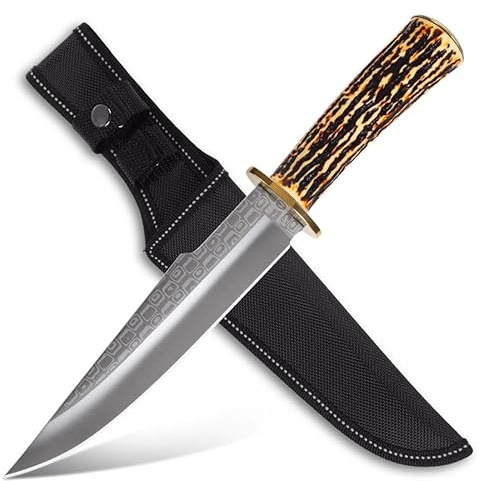 GER-SABER Couteau Outdoor 31cm – Lame Clip-Point Style Californien avec Texture Patinée, Garde Classique en Laiton, Poignée Imitation Corne de Cerf, Compagnon Robuste pour la Nature