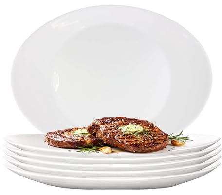 UHL 30cm Porcelain Serving Platters Set of 6 Steak Plates, White Oval Dish Serving Plate for Party, Buffets, Appetisers, Dessert, Snacks, Salad, Large Dinner Plates Set, Microwave & Dishwasher Safe