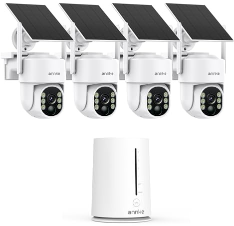 ANNKE 2.5K Überwachungskamera Aussen Akku Solar, 4er Kamera mit Home Hub, 360° Panorama Kabellose Kamera, 64GB Lokaler Speicher, FarbNachtsicht, 2 Wege Audio, Smarter Personenerkennung, 5G & 2.4G WLAN