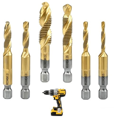 TAIANJI 6 Pcs HSS Drill Bits, Combination Drill & Taps Bit Set M3 M4 M5 M6 M8 M10 with Anti-rust Coating, 1/4” Hex Shank Screw Thread Spiral Flute Drilling Tapping Tool