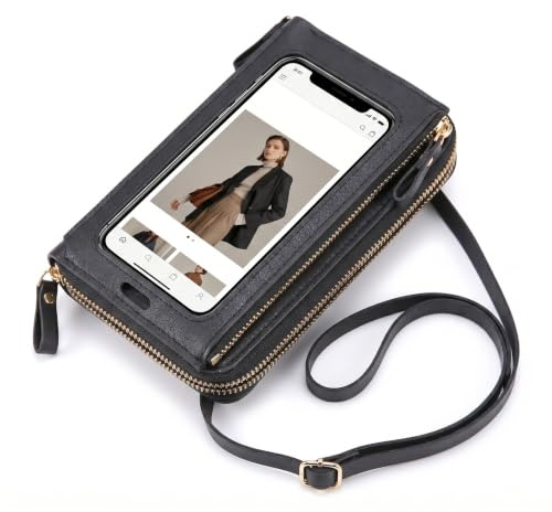 1Pc Crossbody Phone Bag Small Cross Body Bag Women Phone Bags for Women with Transparent Cover and Adjustable Strap Touch Screen Bags with Compartments for Women Traveling Shopping Daily Use (Black)