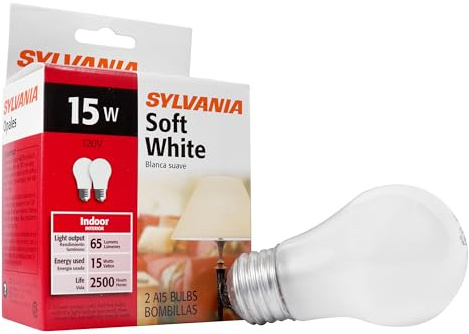 Sylvania Incandescent Appliance Light Bulb, 15W A15, Dimmable, Medium Base, 65 Lumens, Frosted, 2850K, Soft White - 2 Pack (10015)