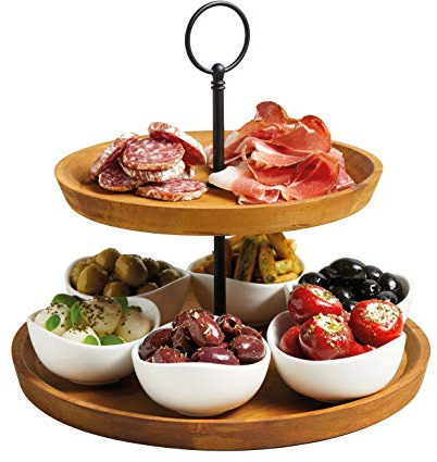 Artesà 2-stöckige Tapas- und Speisenständer, Speisenständer mit 6 Mini-Porzellanschalen, Kuchenständer aus Holz und Handarbeit in Geschenkbox, 24 x 25 cm, Braun & Schwarz