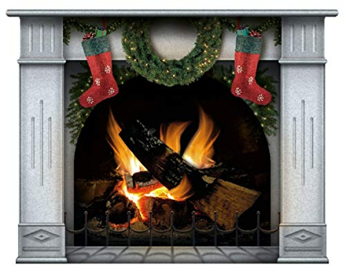 Autocollant Mural Cheminée avec feu Brûlant Décalcomanie Murale Décoration Bois de Chauffage Affiche Photoréaliste (Moyen Ivoire de Noël)