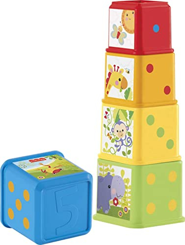 Fisher-Price Stack & Explore Blocks - 5 Würfel mit Strukturen, Figuren, Zahlen und Gegenständen zum Stapeln, Ineinanderstecken und Entdecken, für Kinder ab 6 Monaten, CDC52