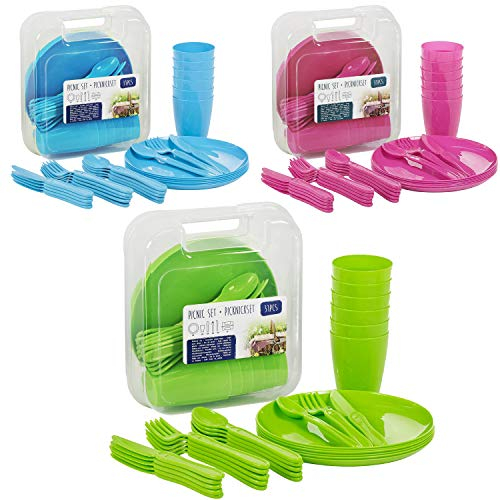 31 Piece Plastic Picnic Camping Party Dinner Plate Mug Cutlery Set Storage Box