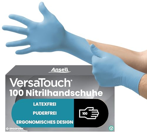 Ansell VersaTouch 92-471 Latexfreie Einweghandschuhe, Nitrilhandschuhe Puderfrei, Einmalhandschuhe Blau, Chemikalien-Schutzhandschuhe, Lebensmittel Handschuhe XL (100 Stück)