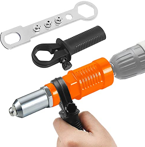 Electric Rivet Gun Adapter - Cordless Drill Metal Riveter-Blind Riveting Rivet Insert Nut Attachment Power Tool Kit with 3 Rivet Convertible Heads and Handle Wrench