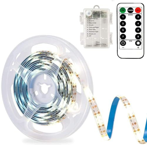 CCILAND Tira de Luces LED Funciona con Pilas, Tira de Luces de 3 Metros 90 LED para Decoración, Cortable, Autoadhesiva, Control Remoto, Temporizador, 8 Modos, Regulable (Blanco)