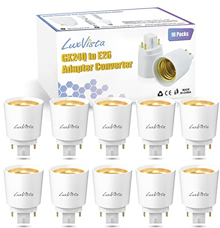 Luxvista Gx24q to E26/E27 LED Light Sockets Adapter, Gx24 to Medium Edison Bulb Base Adapter, 4 Pin CFL Lamp Base Converter, Gx24/Gx24q to E26 Light Fixture, Remove Bypass The Ballast, 10-Pack