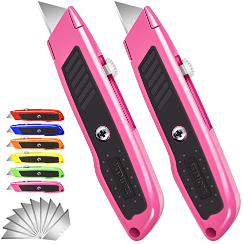 Jetmore Box Cutter, 2 Pack Pink Utility Knife, Durable Razor Knife, Box Opener with 10 SK5 Blades, Exacto Knife, Cardboard Cutter, Box Cutter Retractable, Perfect Package Opener for Home, Office