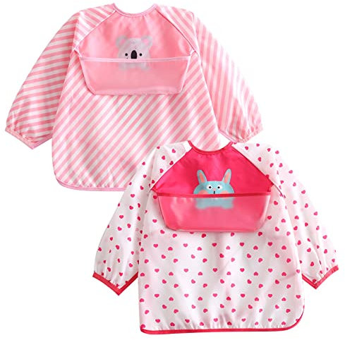 Happy Cherry- Wasserdicht Ärmellätzchen 2er Pack Baby Lätzchen mit Ärmeln Drool Lätzchen mit Reversibel Brusttasche Fütterung Latz Abwaschbar Schürze für Jungen Mädchen Kinderschürze für 0-5 Jahre