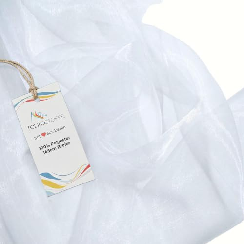 TOLKO 1m Organza Stoffe zum Nähen Meterware | Hauch Zart, Fein, Durchsichtig | zum Dekorieren Basteln 145cm breit | leichter Glanz Stoff für Gardine Vorhänge Tischdecken Deko Schals (Weiß)