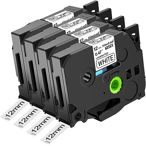 NineLeaf 4 x Kompatibel für Brother P-touch TZe-231 TZe231 TZ-231 TZ231 AZe-231 TZE Schriftband 12mm 0.47'' Schwarz auf weiß Laminiert Etikettenband für Ptouch PT-D600VP D800W E100 Beschriftungsgerät