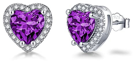 SNORSO Clous D'oreilles Argent Pour Femme Fille,Boucles d'oreilles Zircon Cubique Carré/Rectangle/Coeur/Goutte d'eau/Ronde, Boucles d'oreilles Pierre de Naissance Coloré,Cadeau Anniversaire Mariage