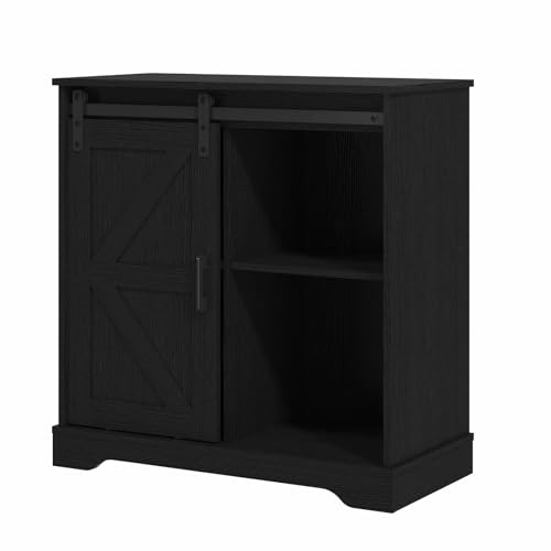 Panana Sliding Barn Door Buffet Sideboard Storage Cabinet Coffee Bar Kitchen Farmhouse Style (Black)