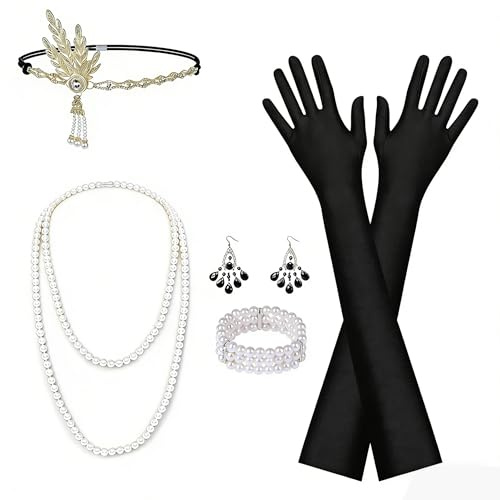 Aomig 1920s Kostüm Damen Flapper Accessoires Set, 6 teiliges 20er Jahre Vintage Halloween Kostümzubehör mit Stirnband Halskette Handschuhe Ohrringe, Great Gatsby Zubehör für Frauen
