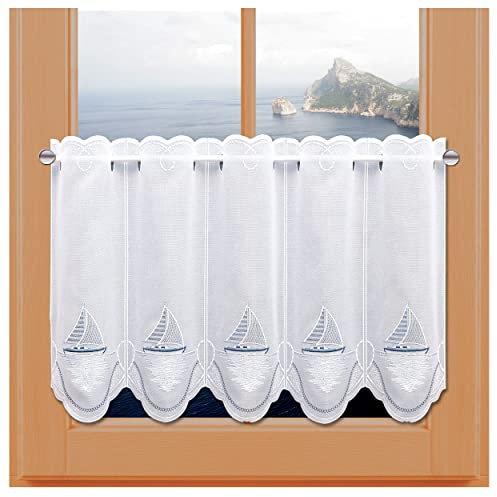 kollektion MT Maritime Scheibengardine Ostsee mit Segelboot Vogtländischer Spitze bestickter Scheibenhänger mit Schiffen Badgardine 45 x 64 cm