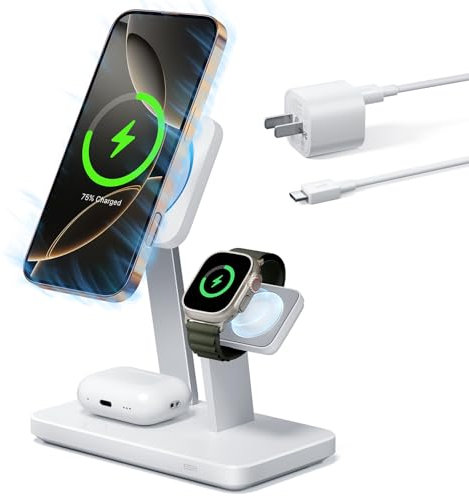 ESR 25W 3-in-1 Compatible with MagSafe Charger Stand, Made for Apple-Certified Magnetic Charger, 15W Charging for iPhone 17/16/15/14/13/12, AirPods Pro 4/3/2, Phone-Cooling, White