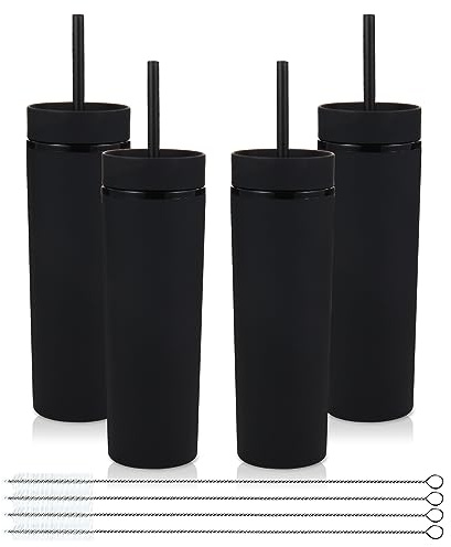Volhoply 480ml Kunststoff Skinny Becher Mit Deckel und Strohhalm Bulk 4 Pack, Isoliert Doppelwand Bpa Frei Matte Acryl Becher, Eiskaffee Reisebecher Party Cup,Diy Geschenke(Schwarz,4 Set)