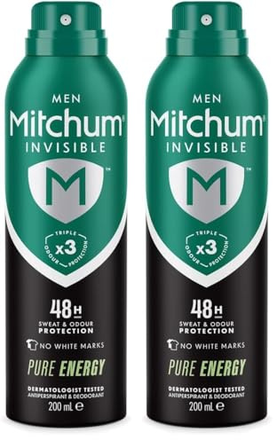 Mitchum Invisible Men 48HR Protection Aerosol Deodorant & Anti-Perspirant, No White Marks, Alcohol Free, Pure Energy, 200 ml (Pack of 2)