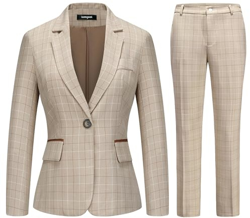 Lamgool Women's 2 Piece Plaid Suit Lady's Business One Button Lined Blazer Jacket Pant Set (Khaki, X-Large)