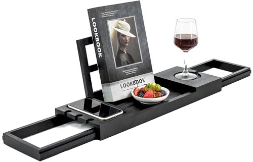 Utoplike Vassoio per vasca da bagno in bambù, regolabile, per vasca da bagno, organizer da bagno con libro, tablet, bicchiere da vino, tazza, porta asciugamani, nero