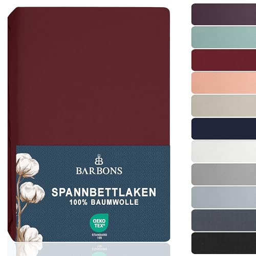 BARBONS Spannbettlaken 140x200cm - 100% Baumwolle Spannbetttuch Oeko-TEX Zertifiziert Bettlaken Jersey Bettwaren und Bettbezug für Boxspringbett und Dicke Matratzen bis 27 cm - Bordeaux 140 x 200