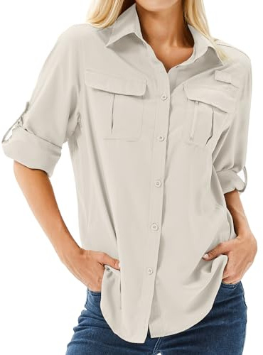 Yeyity Chemisier/t-shirt/haut/vêtement pour femme, respirant, décontracté, protection UV, UPF 50, à manches longues, séchage rapide, pour la randonnée, le sport, le safari, l’extérieur, Kaki clair, S