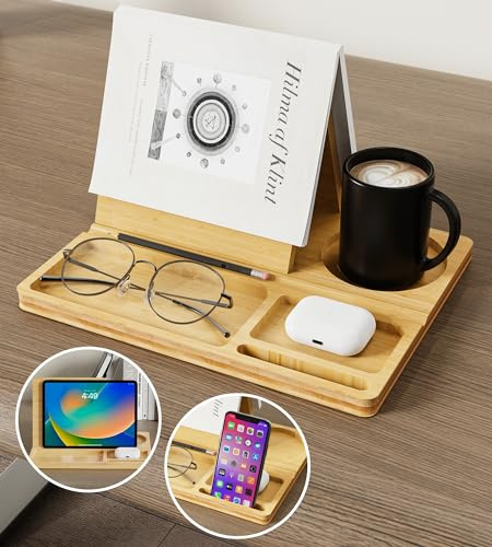 NiHome Buchständer aus Bambus mit Dreieck-Design, Ergonomischer Leseständer mit Abnehmbarer Magnetischer Ablage für Brille, Stifte & Smartphone, Stabiler Holz Bücherständer/Buchhalter/Book Stand