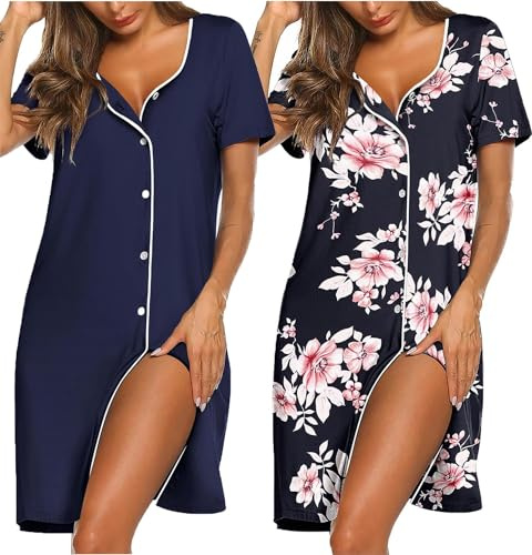 Ekouaer Women Nightdresses 2 Pack Soft Nighties V-Neck Nightgown Button Down Nightdress Classic Sleepshirt Nighty Nightshirt Sleepwear, Navyblue + Print M