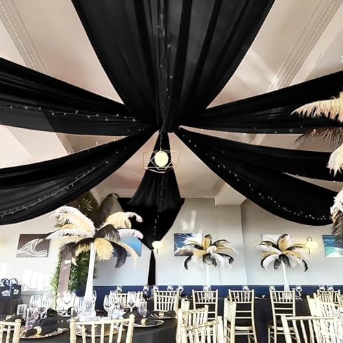 REWOMC 6 Panels Black Ceiling Drapes for Wedding 5ftx10ft Chiffon Fabric Arch Draping Curtains Sheer Drapery for Party Ceremony Birthday Baby Shower Reception Stage Swag Ceiling Decorations